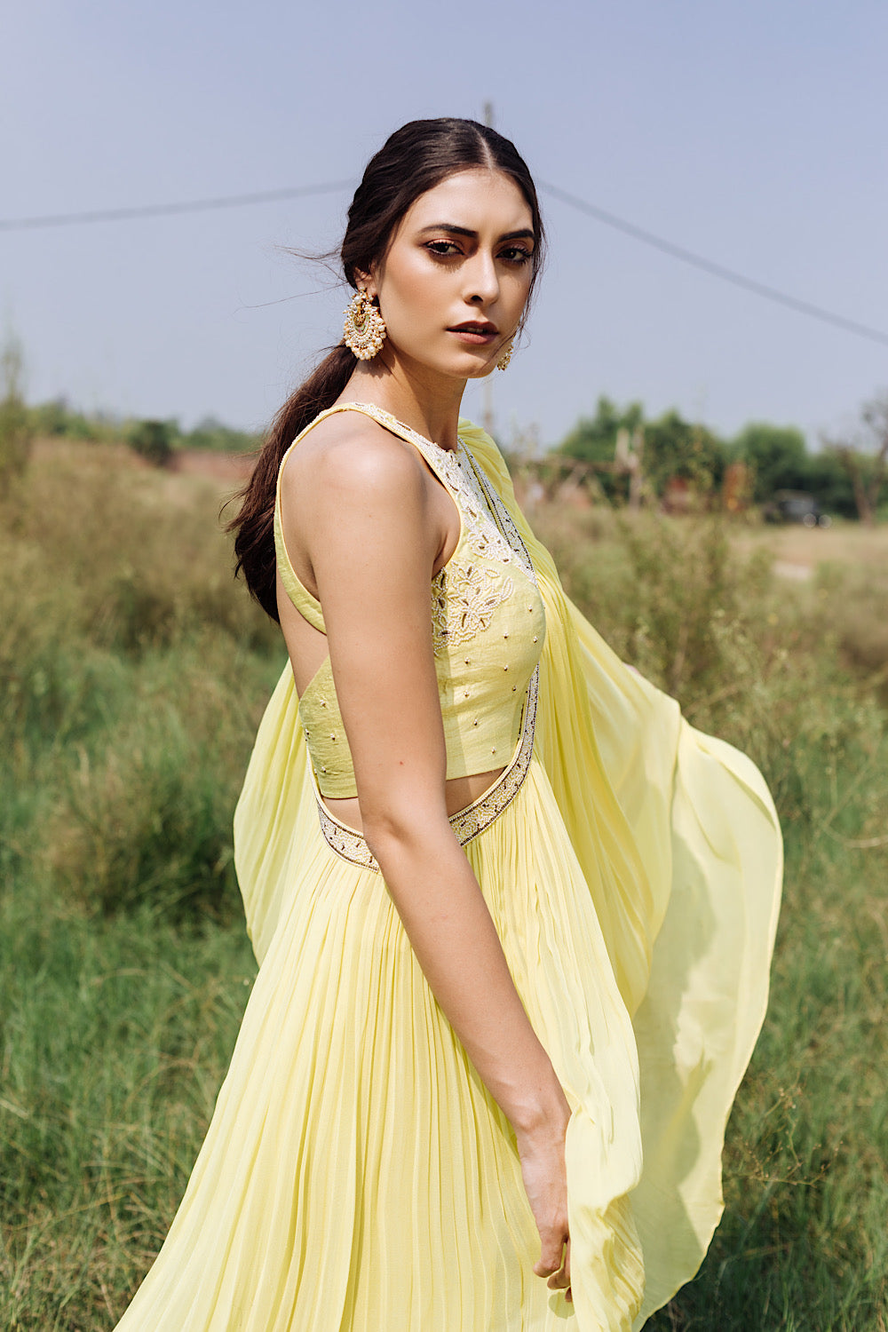 Buy Yellow Drape Embroidered Saree Set | Nidhika Shekhar