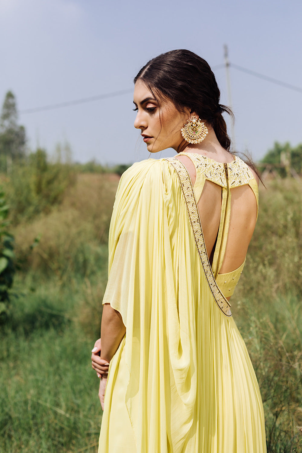 Buy Yellow Drape Embroidered Saree Set | Nidhika Shekhar