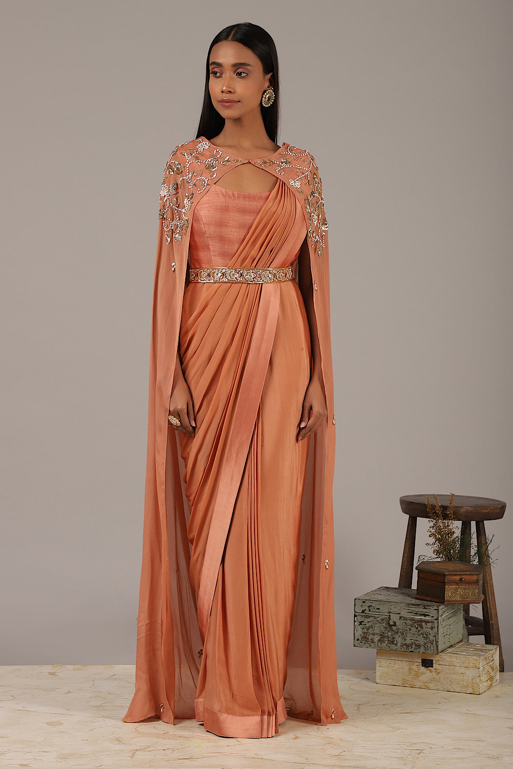 Pankhi - Designer Nude Drape Saree Gown | Nidhika Shekhar