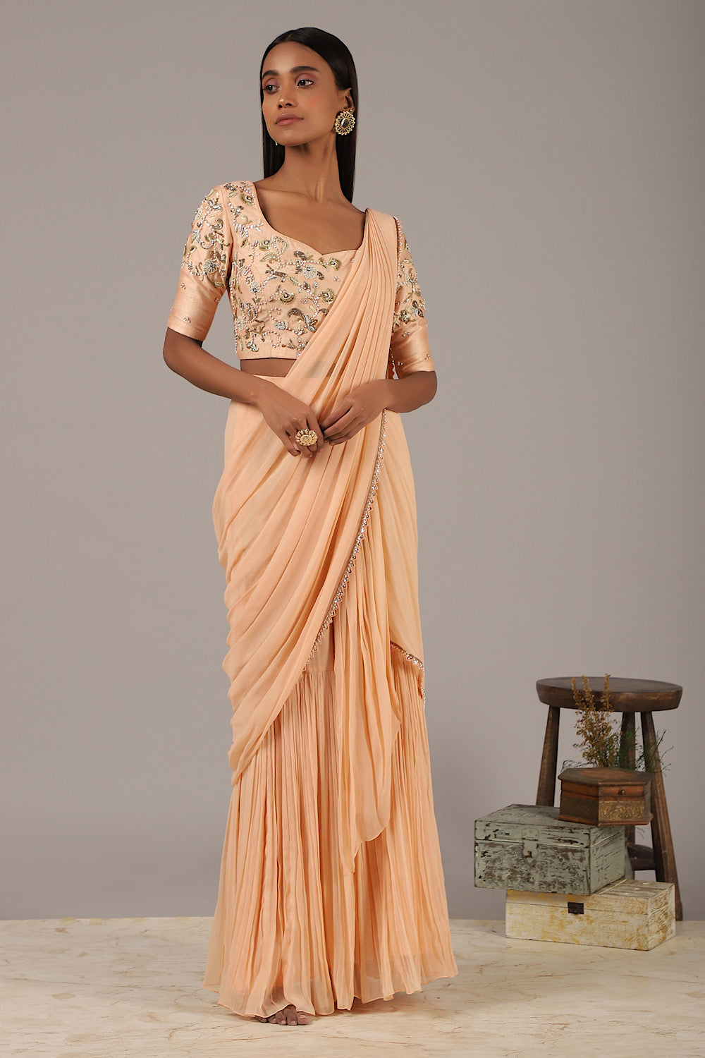 Peach Embroidered Drape Crinkle Saree Set | Nidhika Shekhar