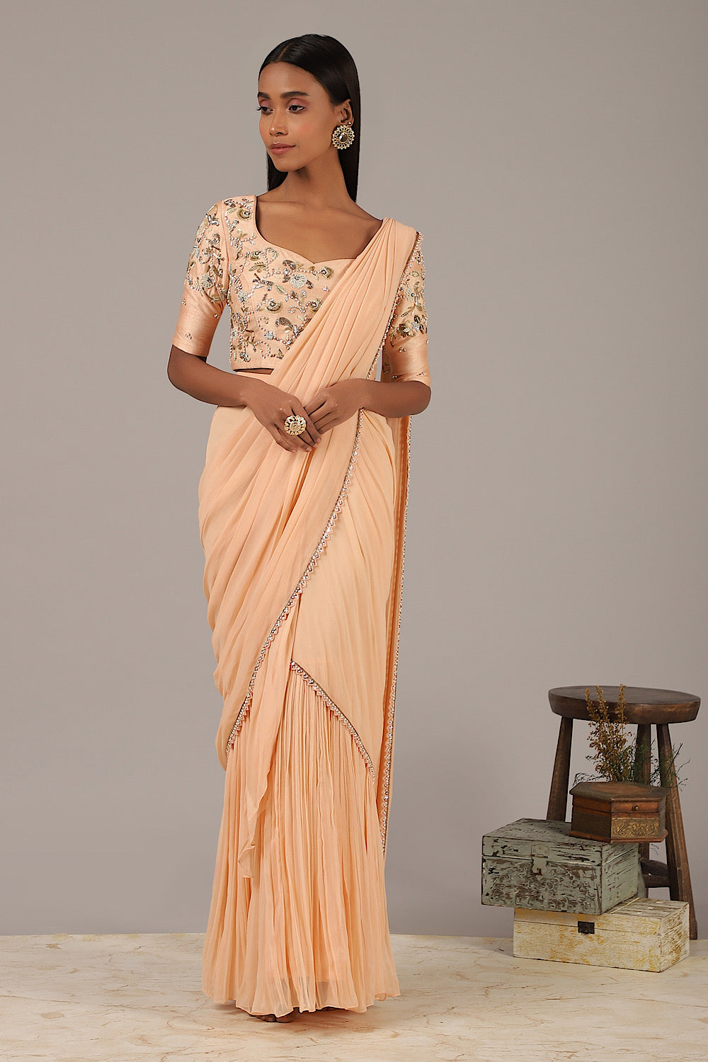 Peach Embroidered Drape Crinkle Saree Set | Nidhika Shekhar