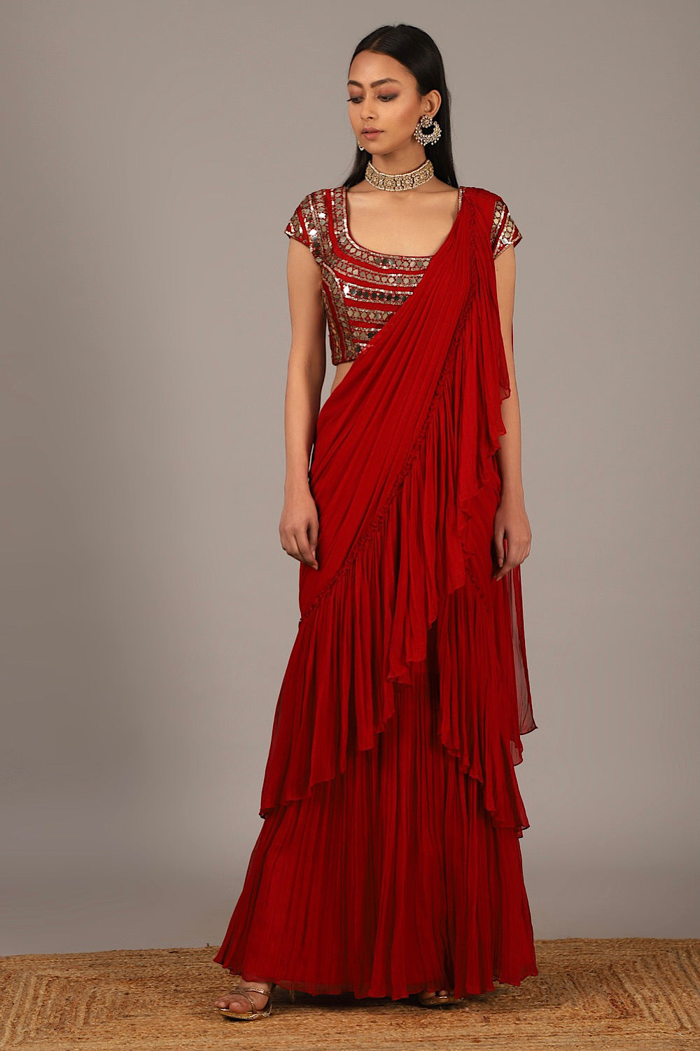 Designer Red Crinkle Drape Saree 