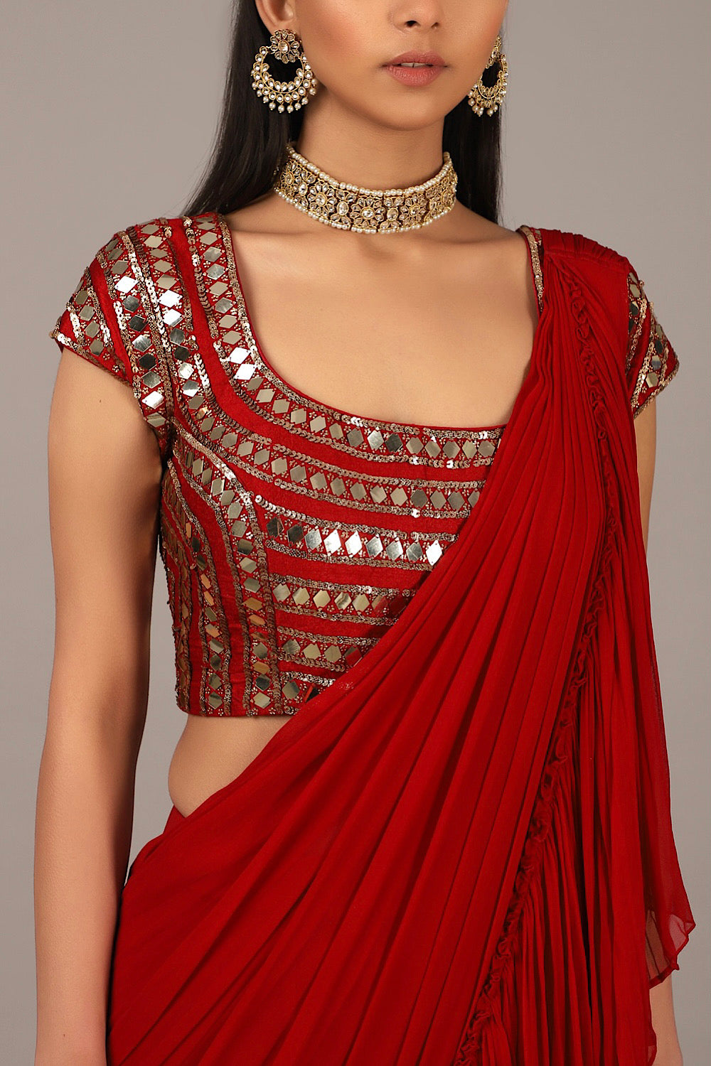 Designer Red Crinkle Drape Saree