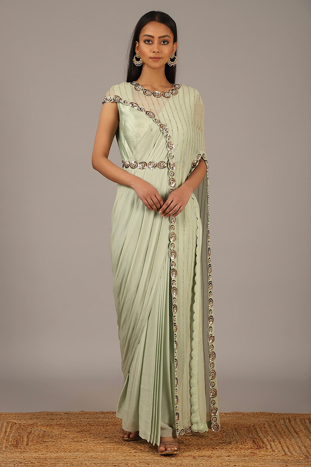 Buy Women's Designer Muted Green Drape Saree | Nidhika Shekhar