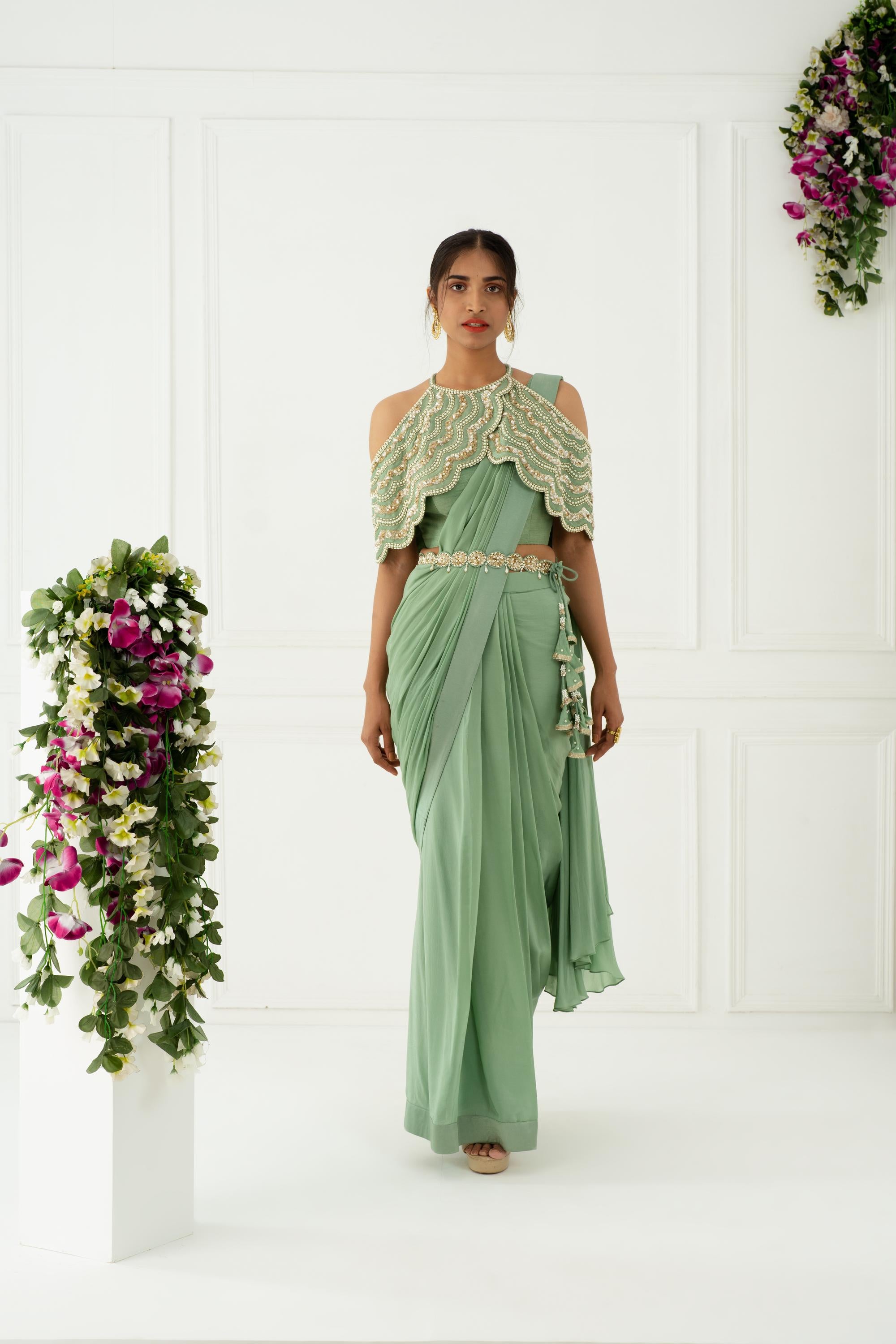 Buy Designer Olive Green Drape Saree Set | Nidhika Shekhar