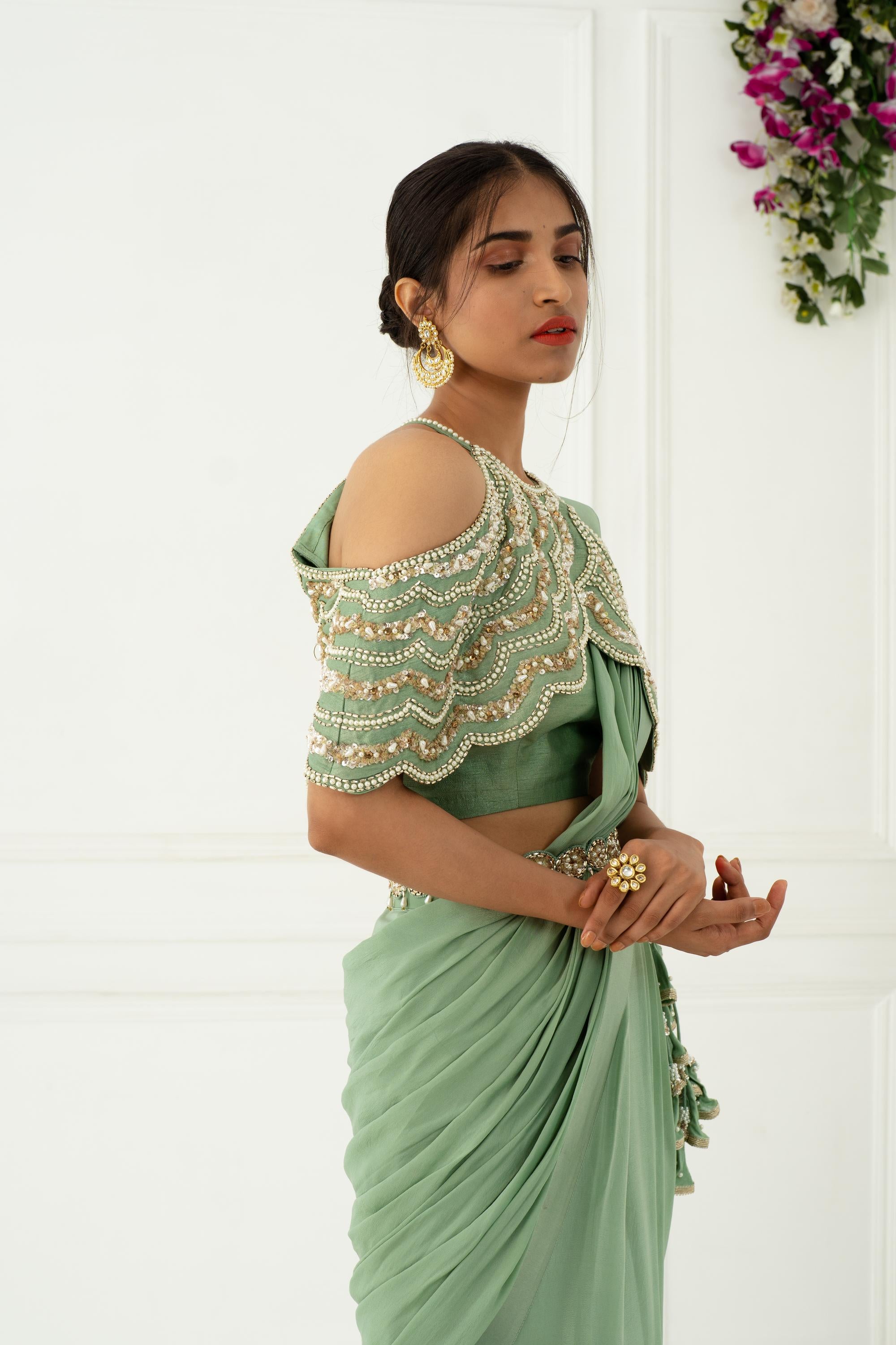 Buy Designer Olive Green Drape Saree Set | Nidhika Shekhar