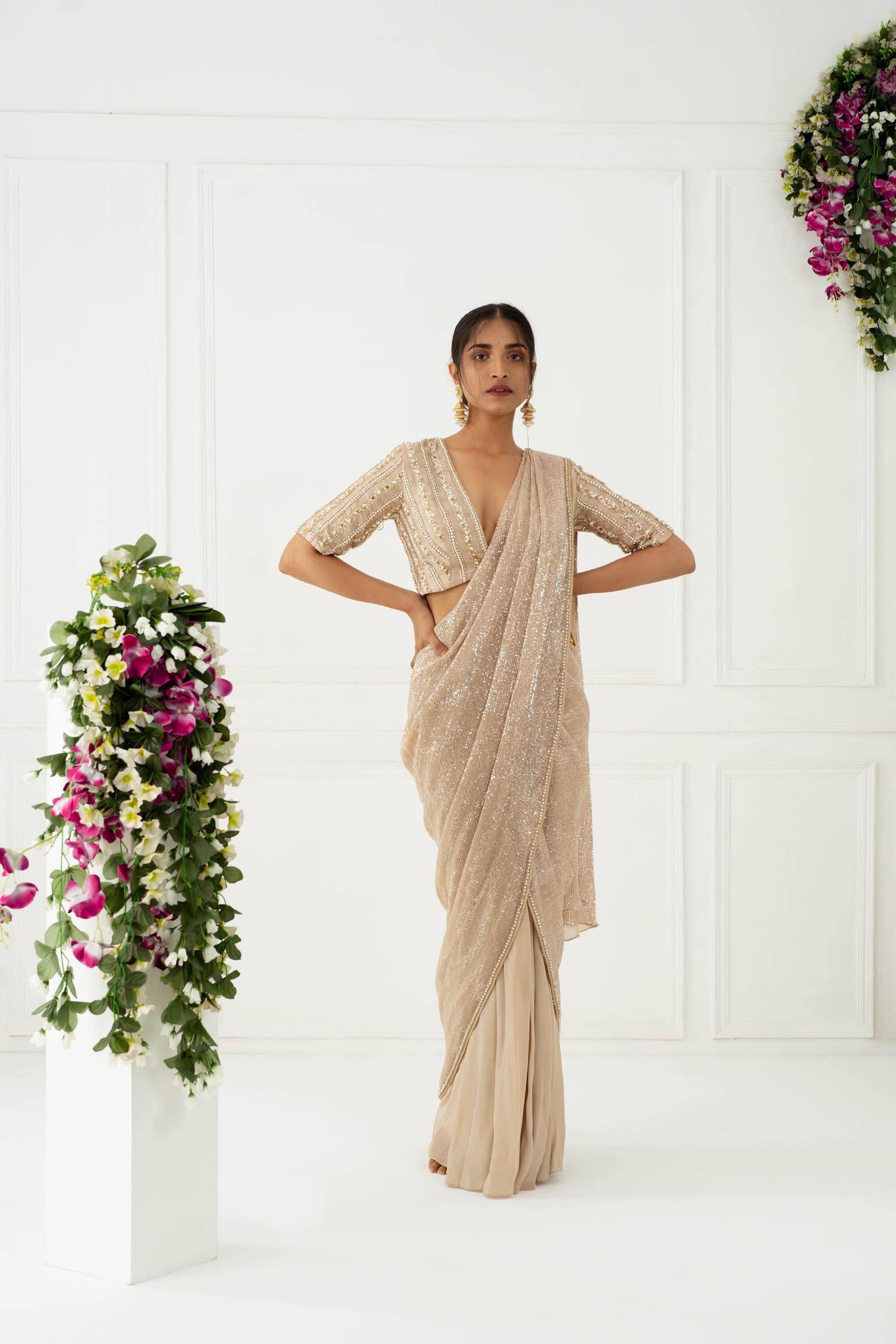 Buy Women's Designer Beige Drape Saree Set