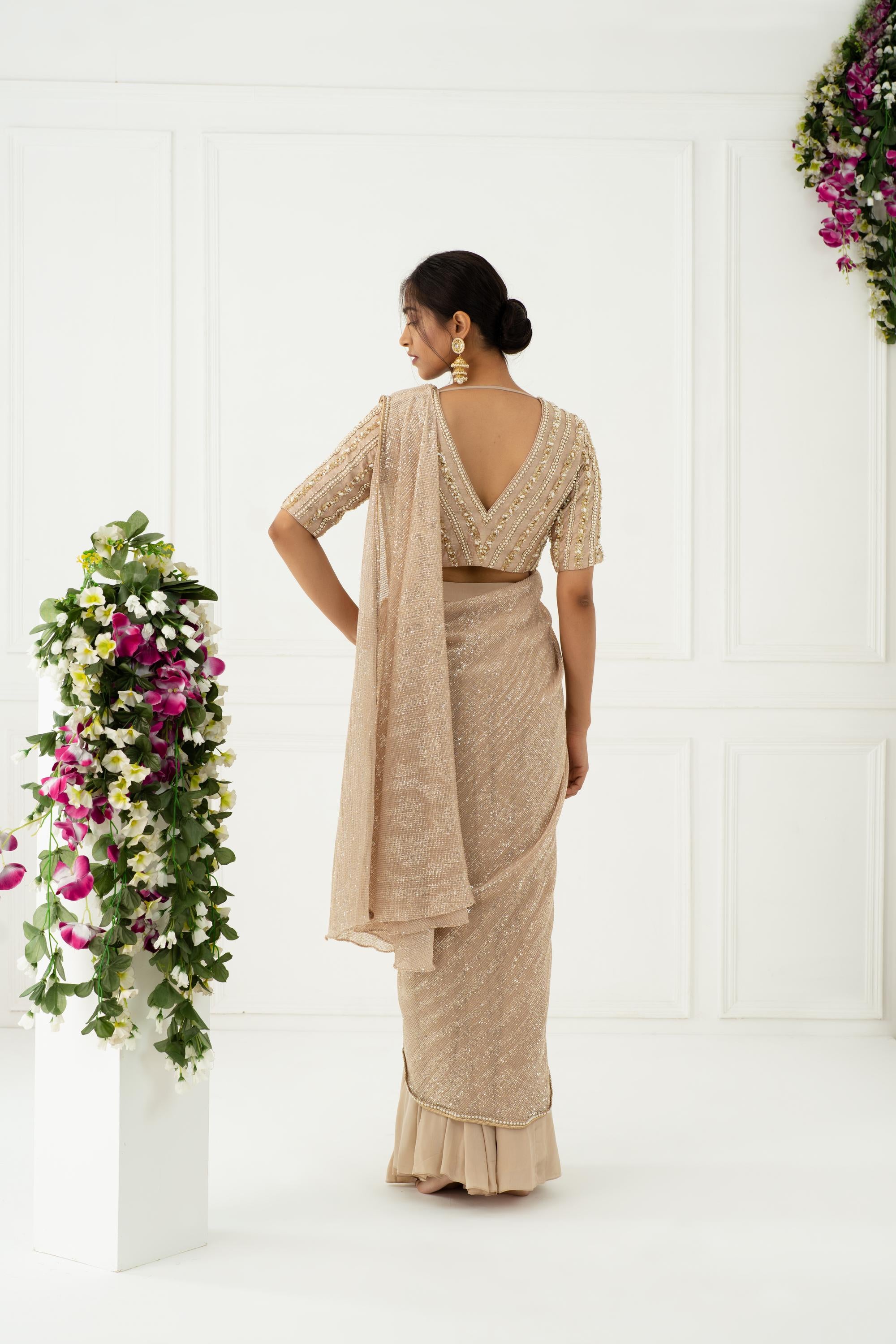 Buy Women's Designer Beige Drape Saree Set