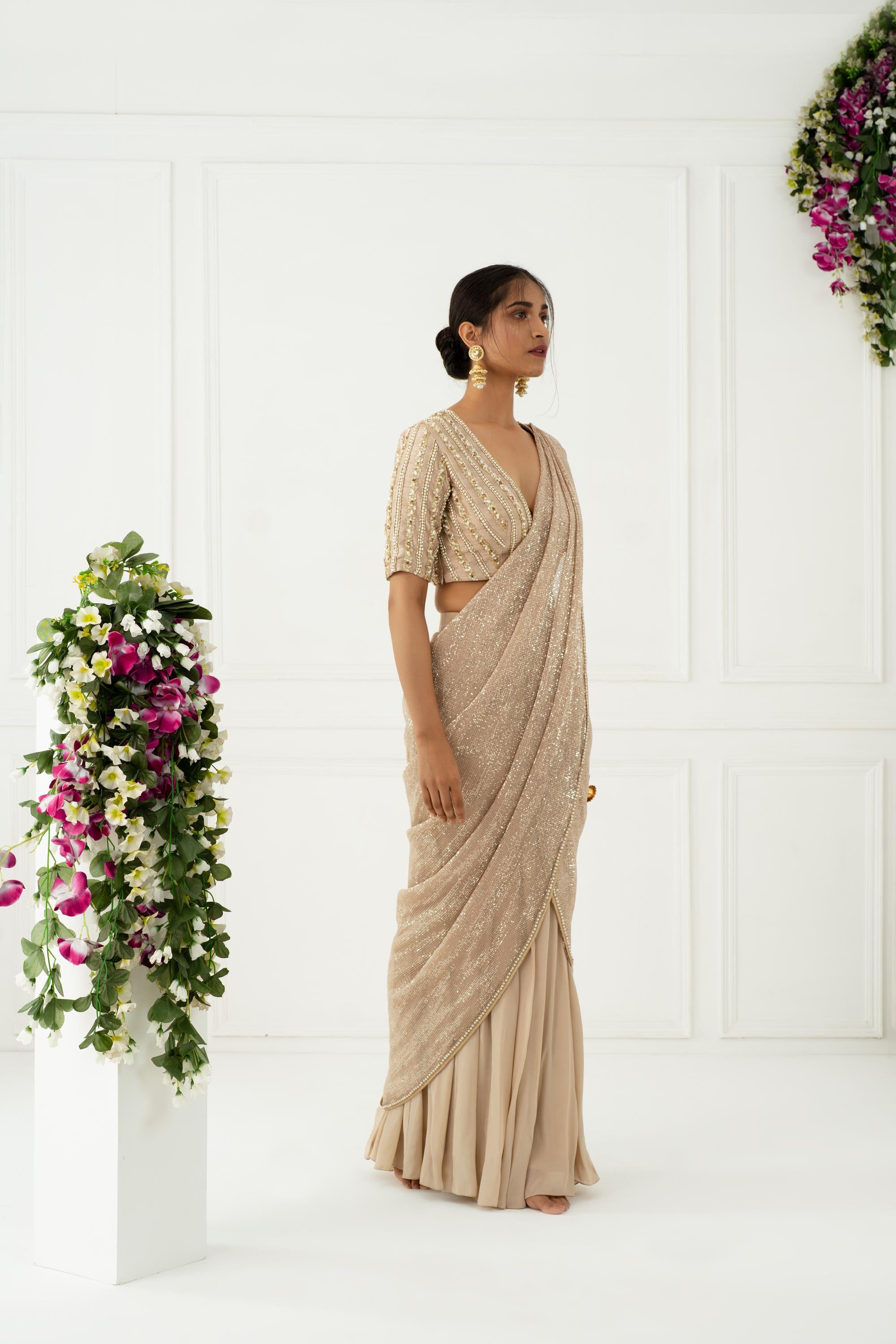 Buy Women's Designer Beige Drape Saree Set sideview