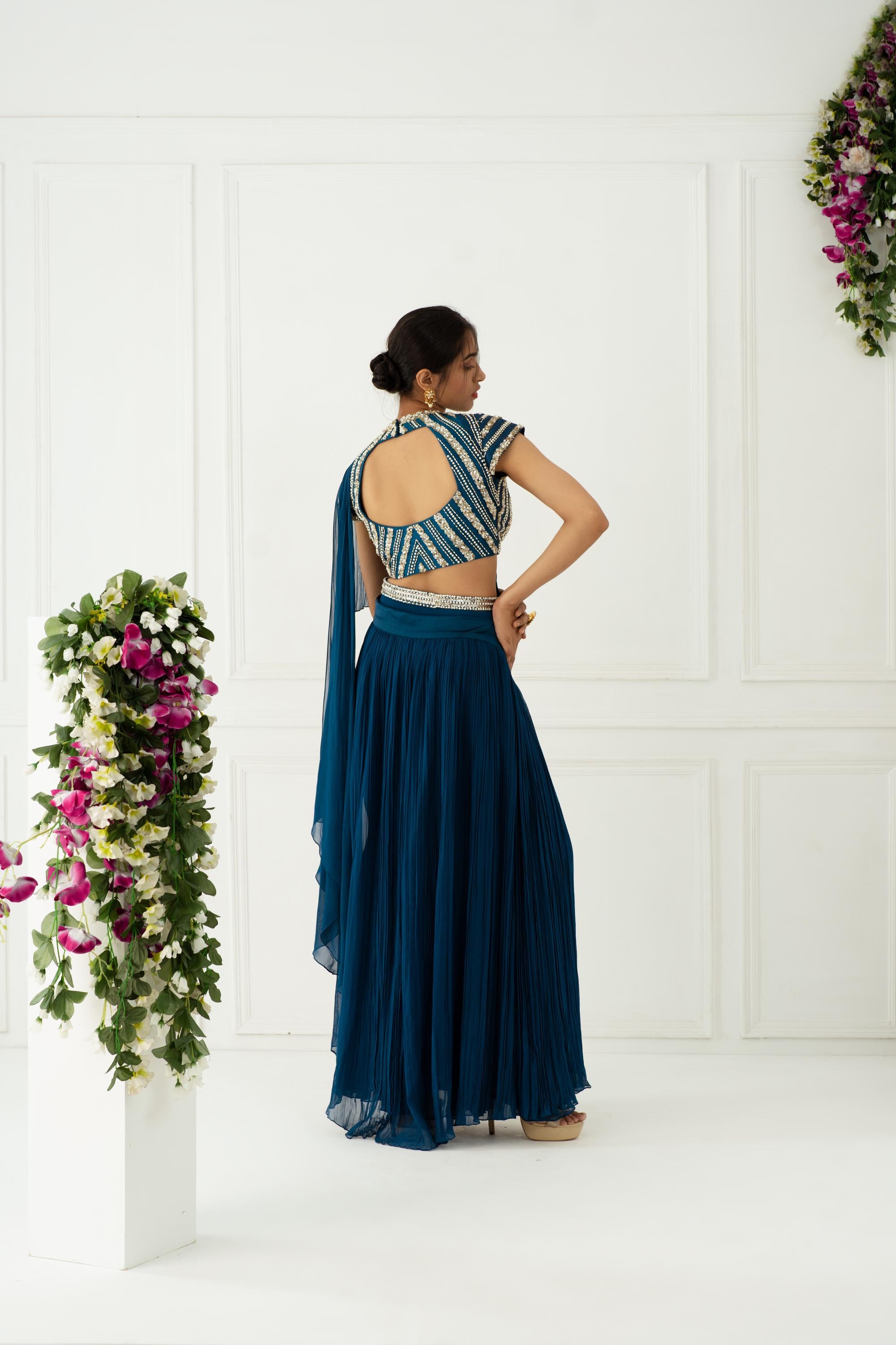 Buy Galim Teal Blue Drape Ruffle Saree Set | Nidhika Shekhar