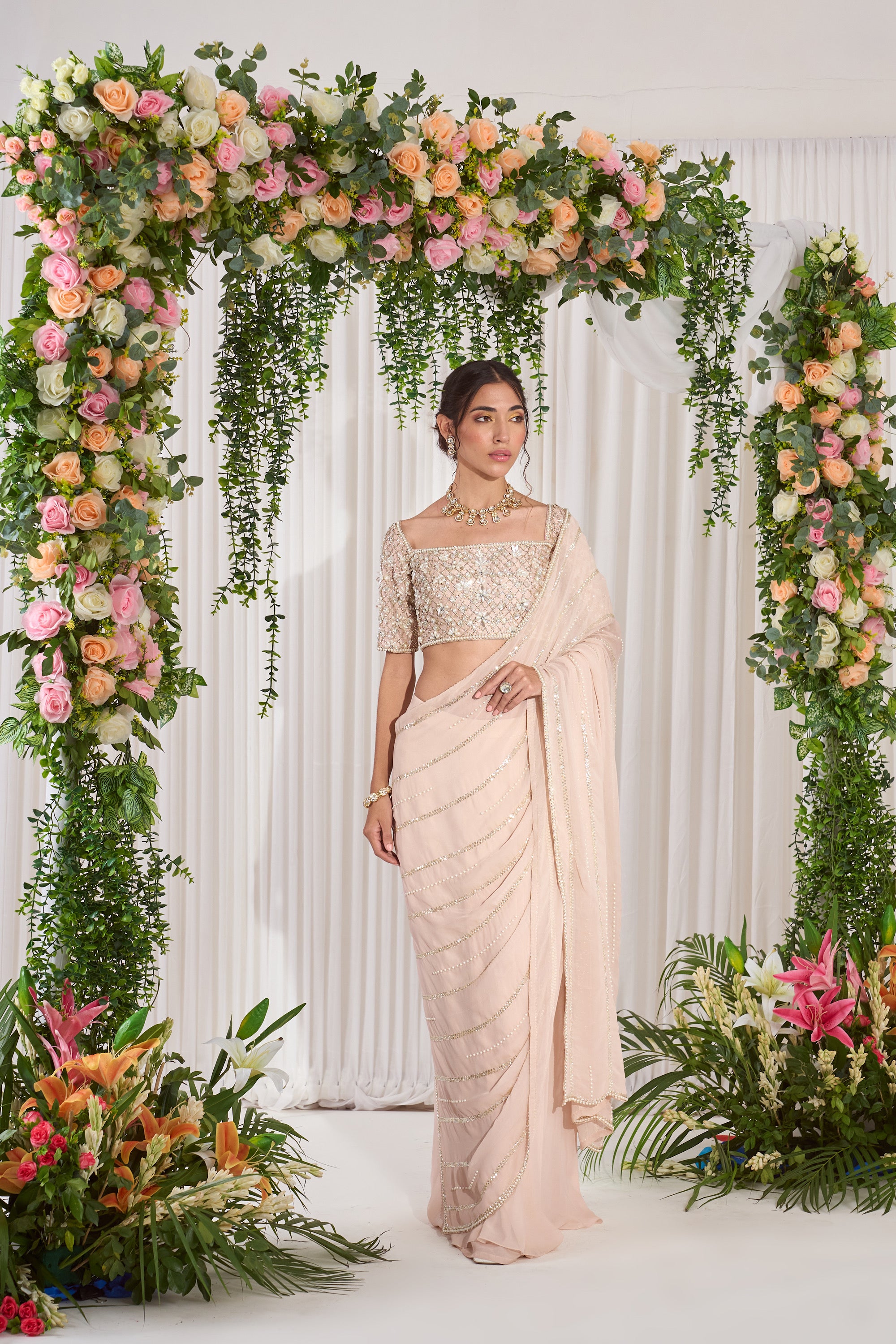 Mangal Bela - Soft Pink Embroidered Saree | Nidhika Shekhar