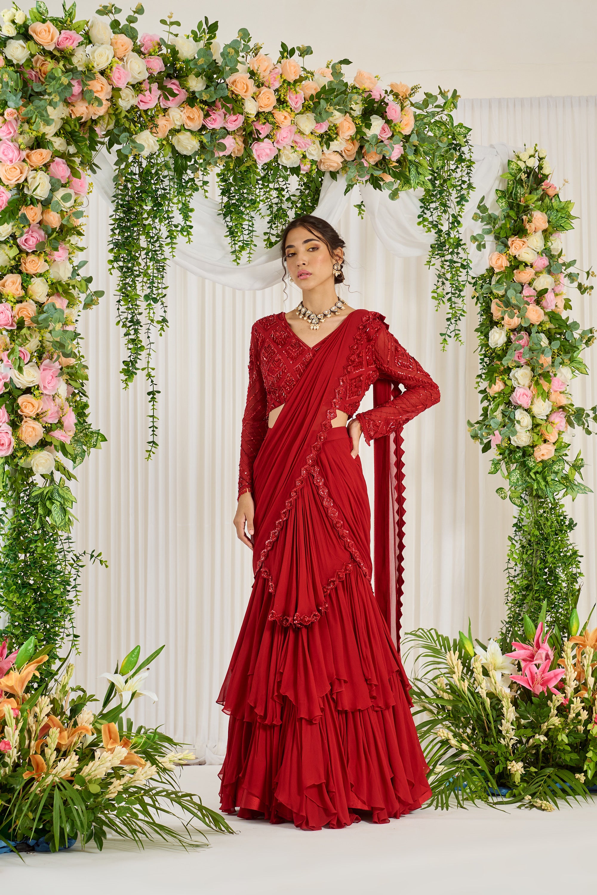 Designer Red Drape Embroidered Saree Set | Nidhika Shekhar