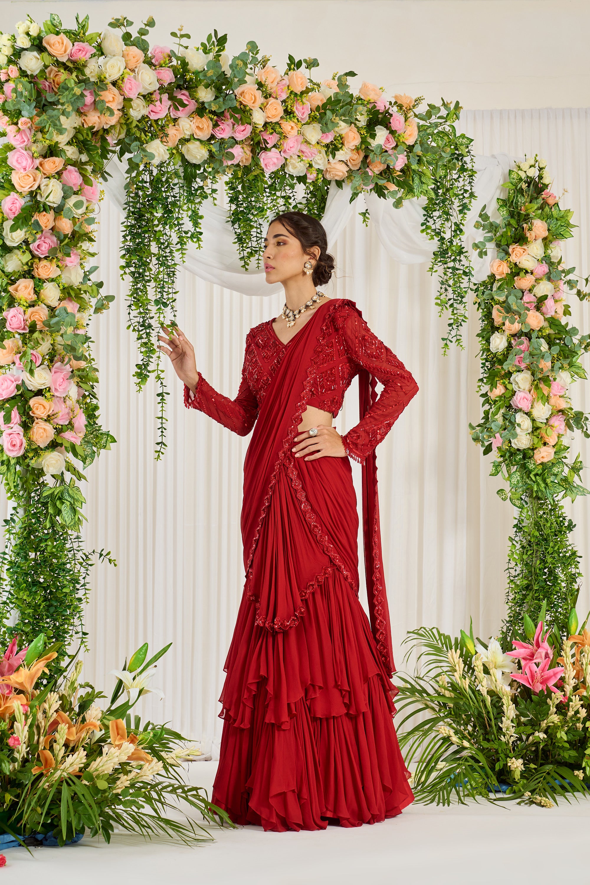 Designer Red Drape Embroidered Saree Set | Nidhika Shekhar