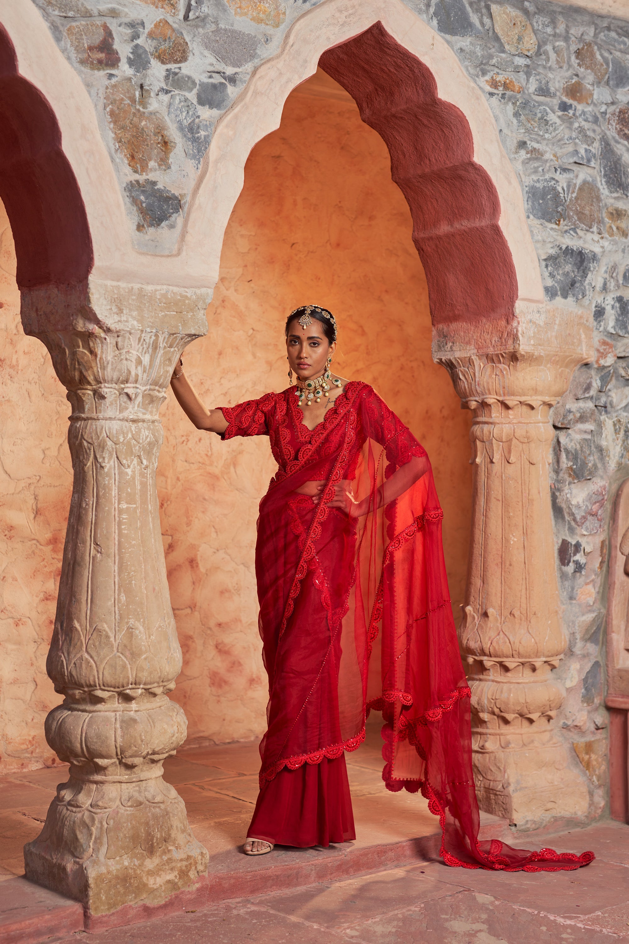 Buy Designer Organza Laal Kesar Saree | Nidhika Shekhar
