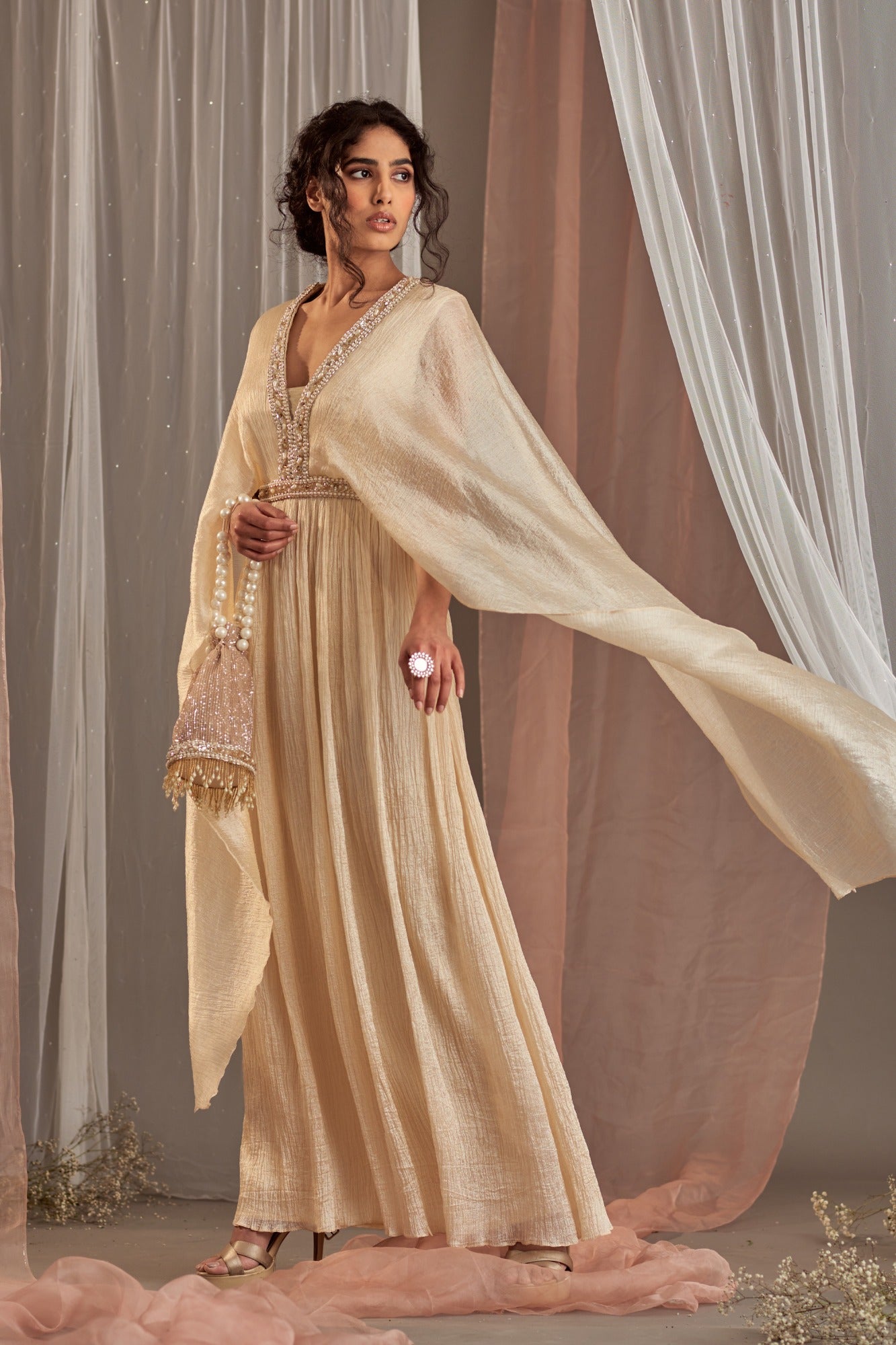 Crinckle Silk Drape Gown Set