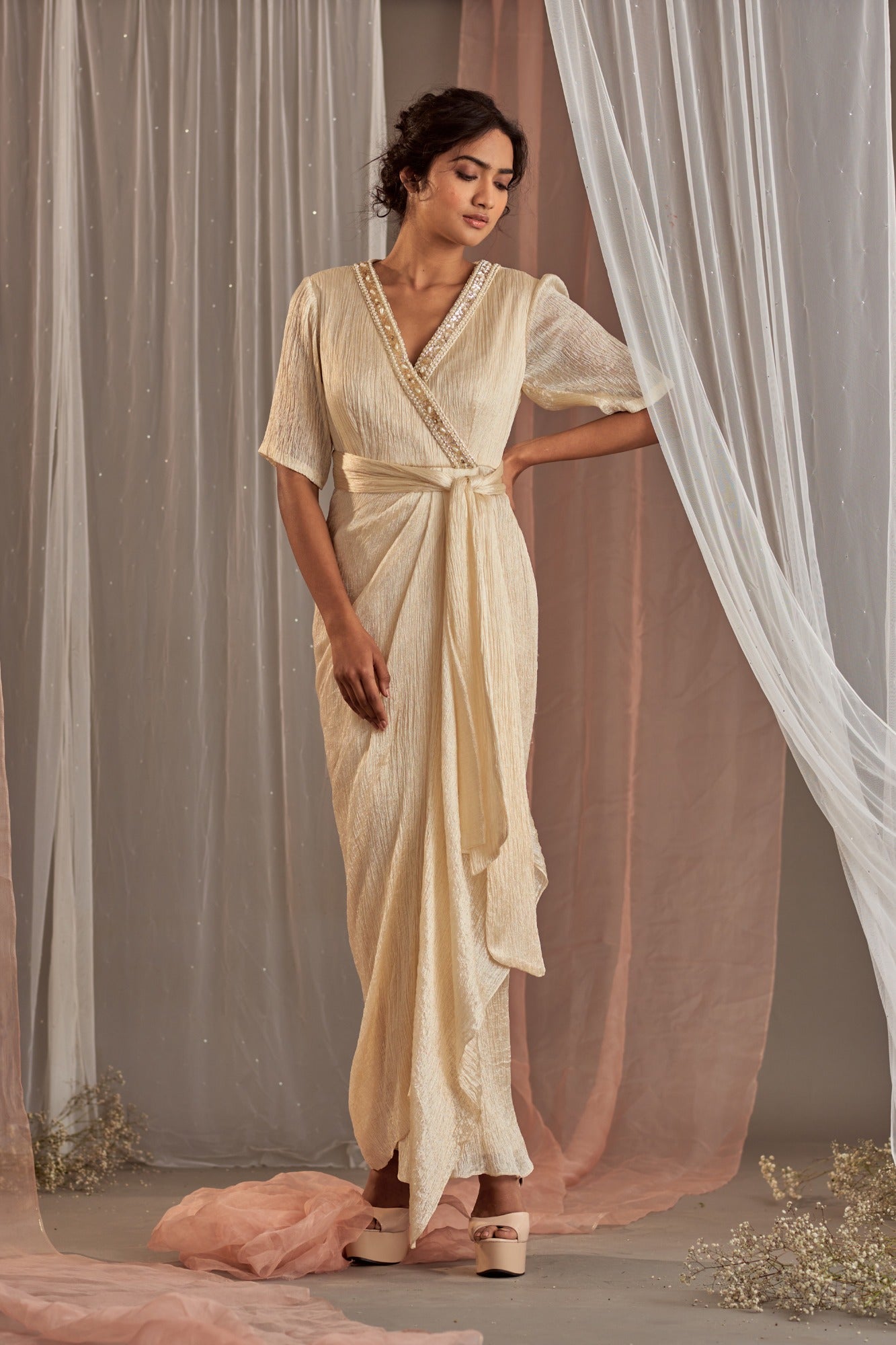 Buy Women's Ivory Embroidered Tie Up Dress | Nidhika Shekhar