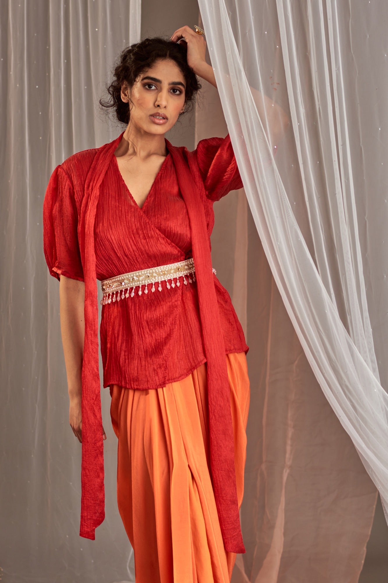 Buy Women's Designer Orange Drape Skirt Set | Nidhika Shekhar