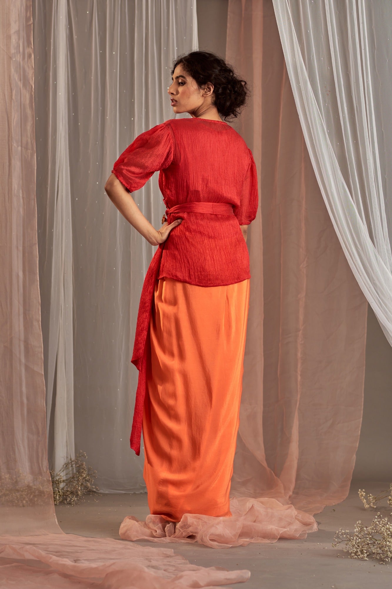 Buy Women's Designer Orange Drape Skirt Set | Nidhika Shekhar