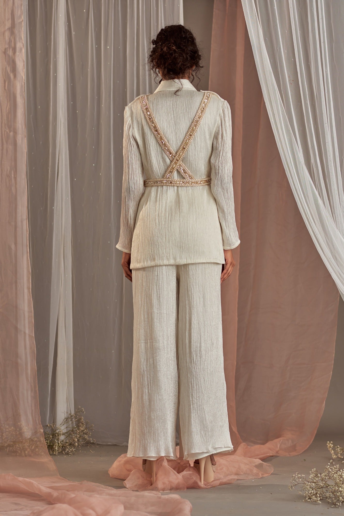Women's Designer Crinckle White Blazer Set