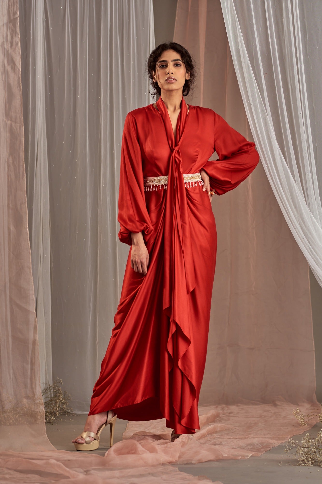 Buy Women's Luxury Red Diva Drape Dress | Nidhika Shekhar