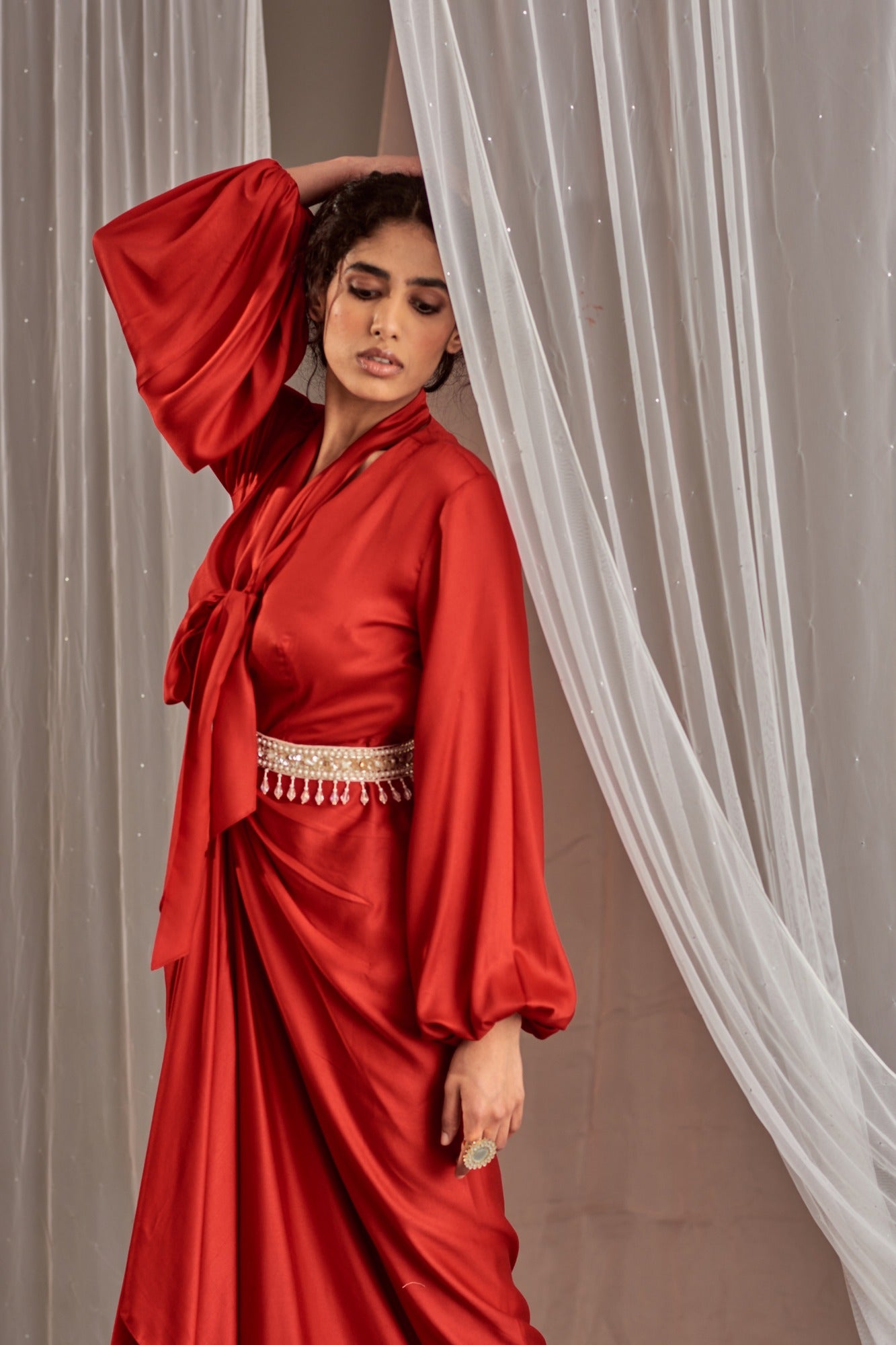 Buy Women's Luxury Red Diva Drape Dress | Nidhika Shekhar