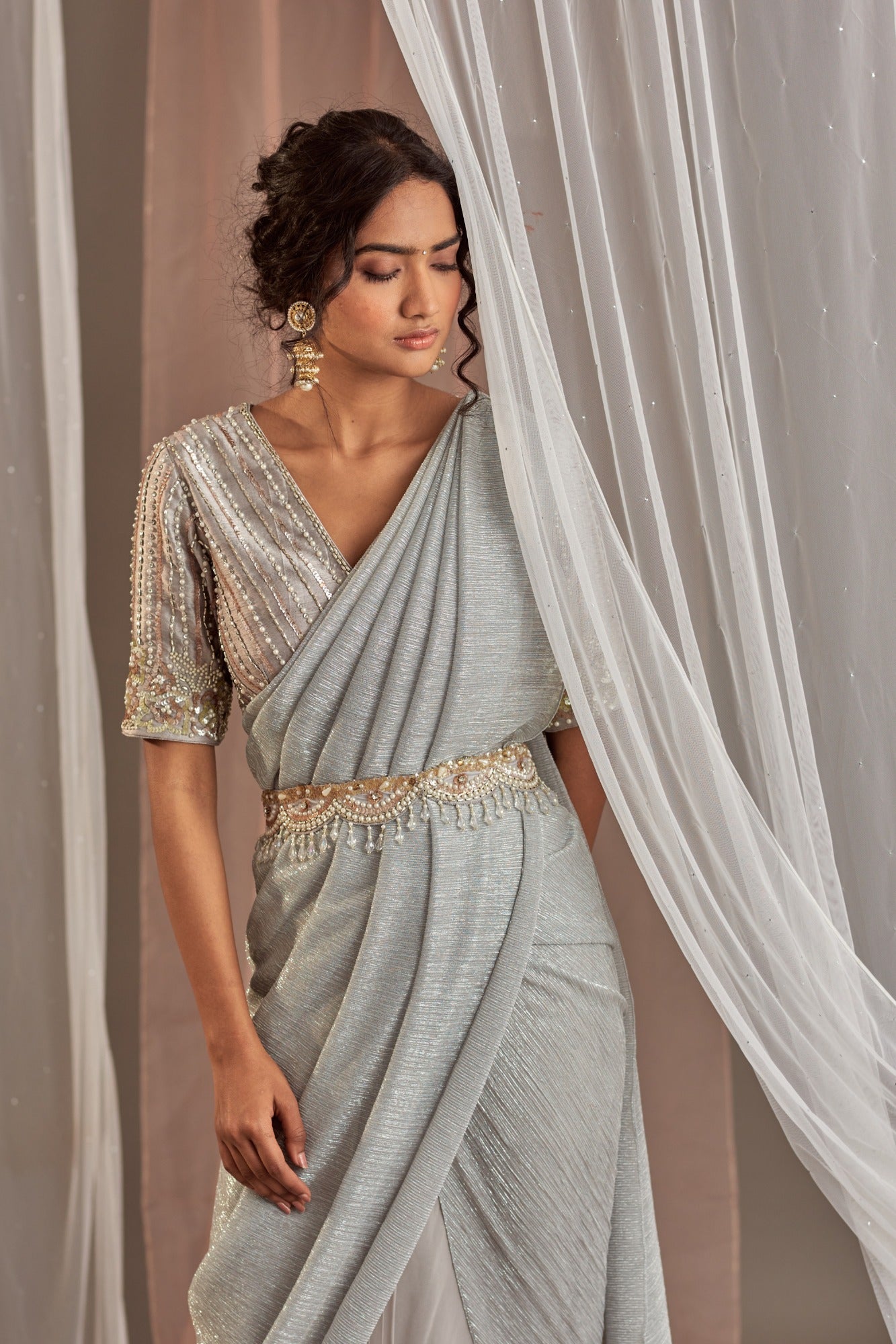 Buy Designer Grey Sitaare Drape Saree Set | Nidhika Shekhar